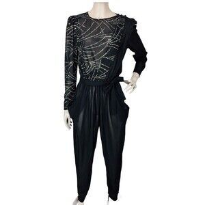 Vintage 70s I. Magnin Sheer Black Glitter Disco Puff Sleeve Jumpsuit NEW